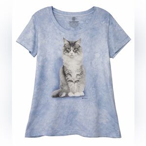 The Mountain Brand Cat Gray White Kitty T Shirt Blue Tie-Dyed Women’s XL